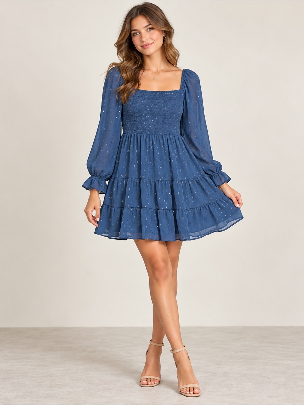 ALTAR’D STATE SEQUIN SMOCKED TIER FLIRTY PARTY COCKTAIL MINI DRESS BLUE Medium